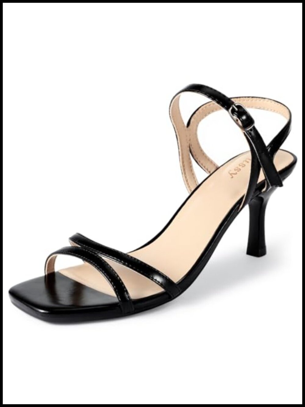 Kitten Heels for Women Square Open Toe Ankle Strappy Heeled Sandals Faux Leather